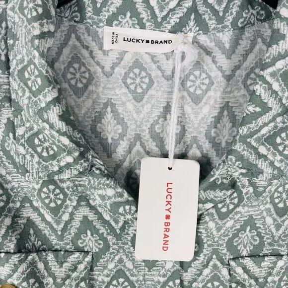 Lucky Brand Women's Midi Dress Large Green Print Button Front Short Sleeve Flowy - Picture 4 of 9